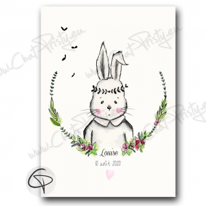 Affiche de naissance fille personnalisée lapin romantique