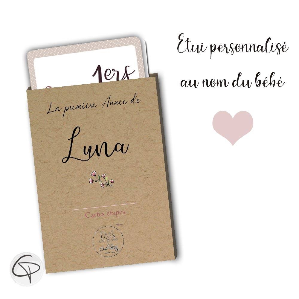 Cartes étapes avec étui personnalisable prénom bébé fille