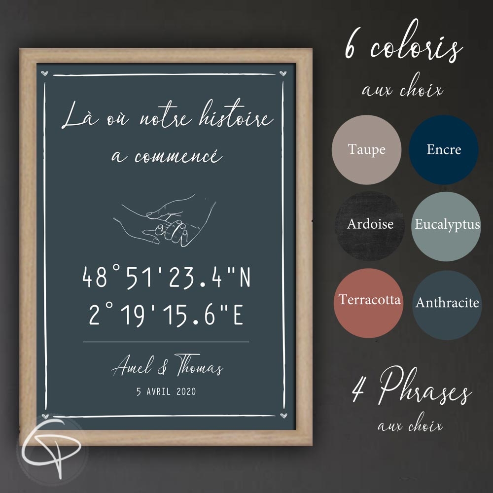 Affiches personnalisées longitude lattitude GPS du premier rdv amoureux 6 couleurs