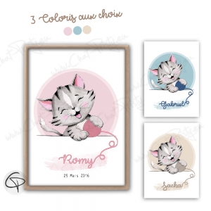 Affiche naissance chaton joue pelote personnalisable mixte