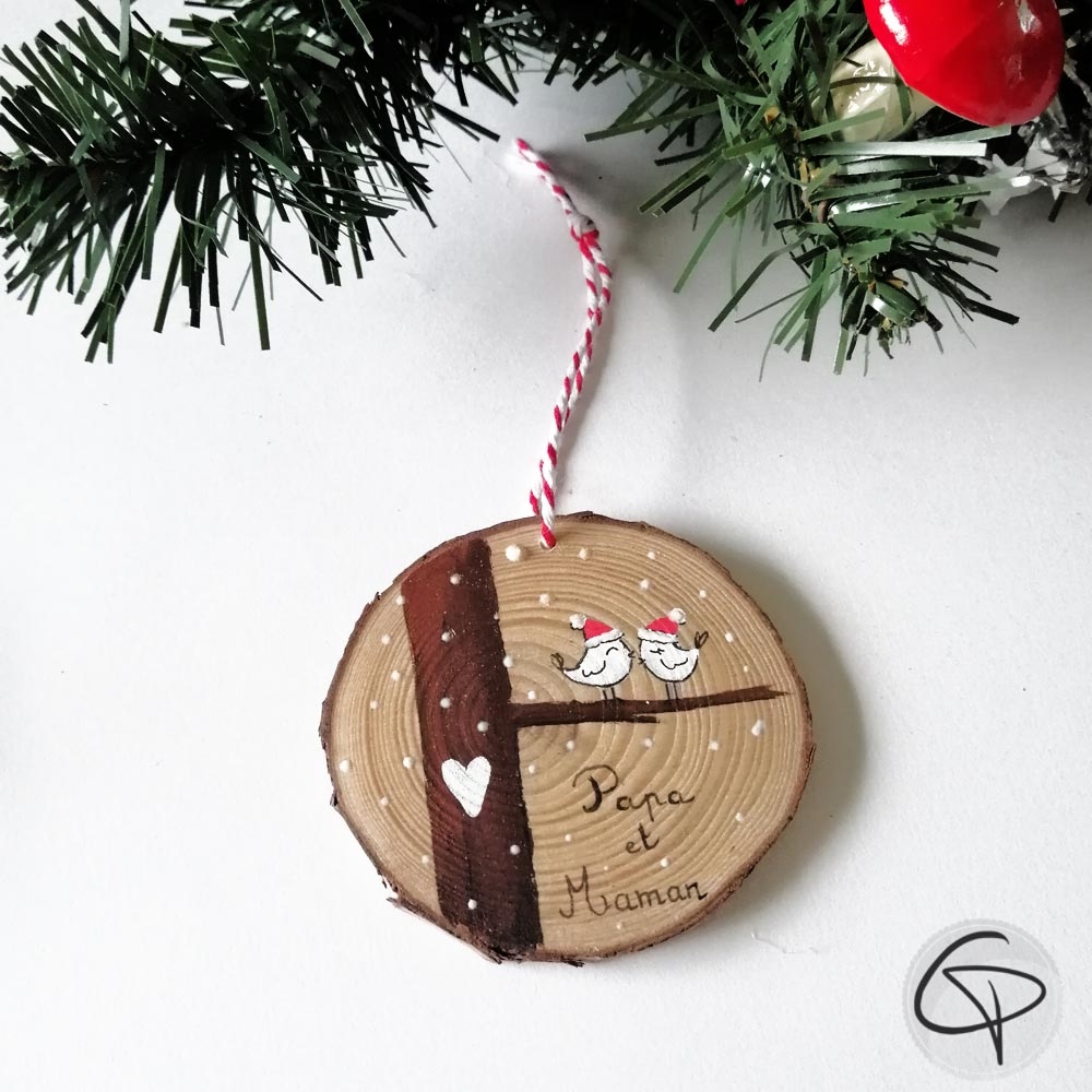 Boule de Noël en bois original avec des oiseaux personnalisables