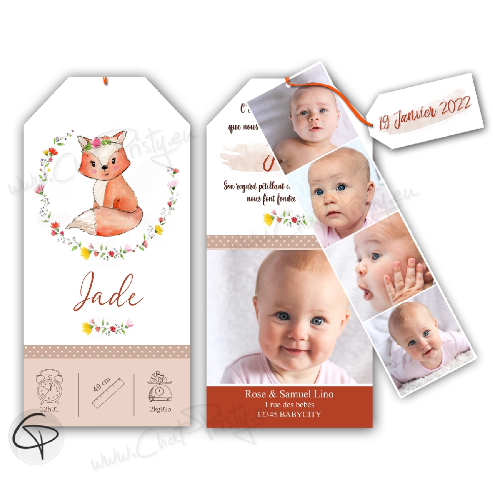 Fairepart de naissance fille avec illustration renard