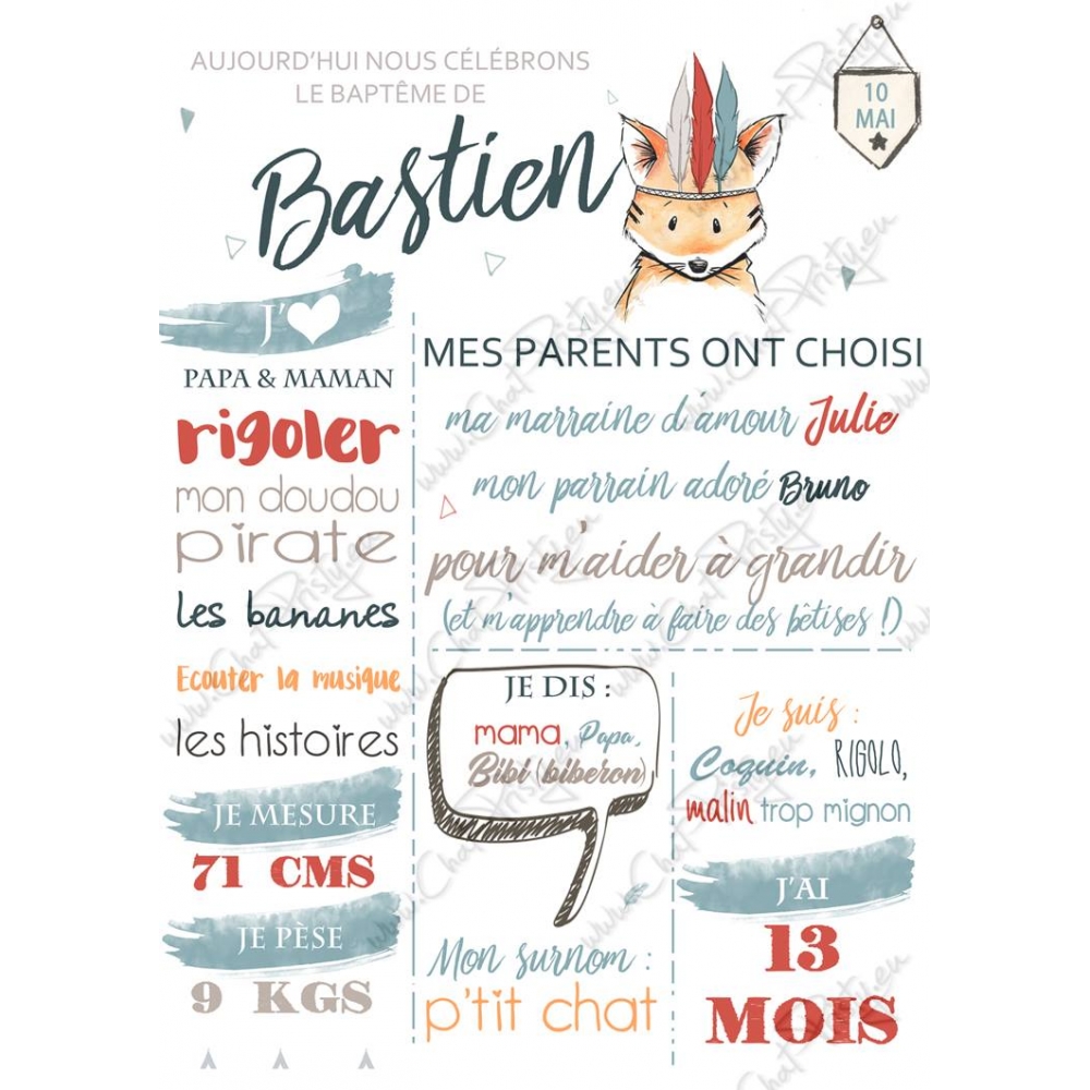 Affiche baptême garçon illustration renard