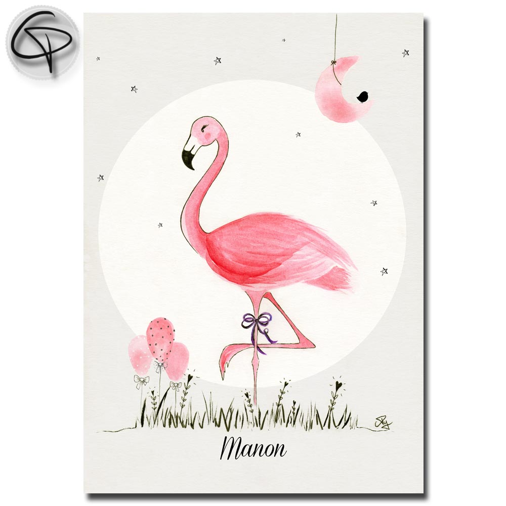 Cadeau de naissance original pour fille affiche flamant rose avec prénom du bébé