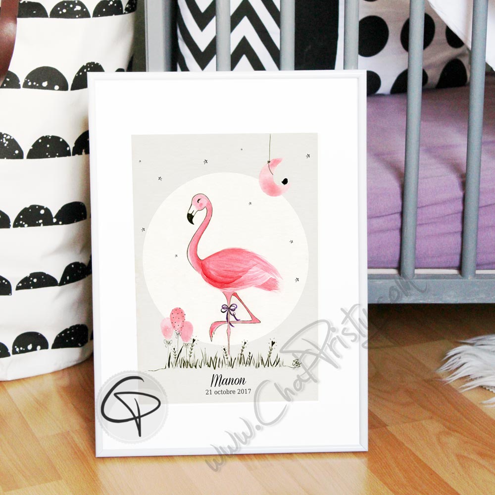 Cadre de naissance fille  Flamant rose personnalisable