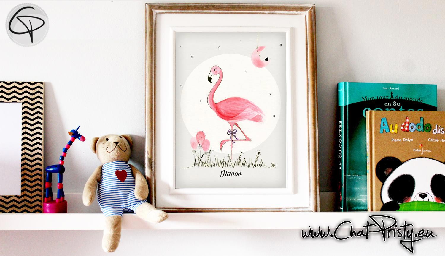 Affiche de naissance chambre bébé cadeau de naissance pour petite fille illustration flamant rose dans un cadre