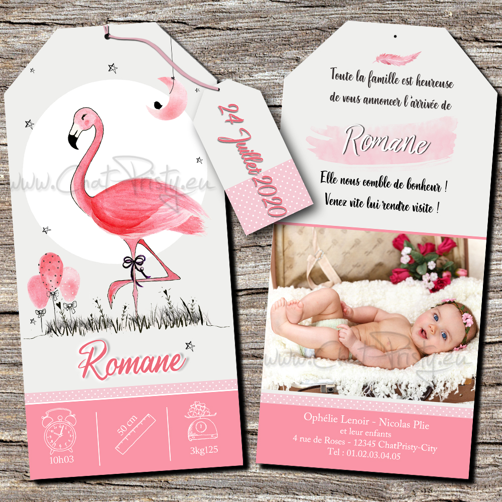 Faire-part de naissance fille flamant rose original fait main