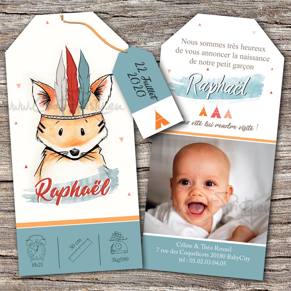 Faire-part renard pour annoncer la naissance d'un garçon