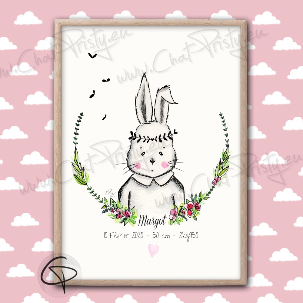 Affiche de naissance lapin perosnnalisée pour une fille