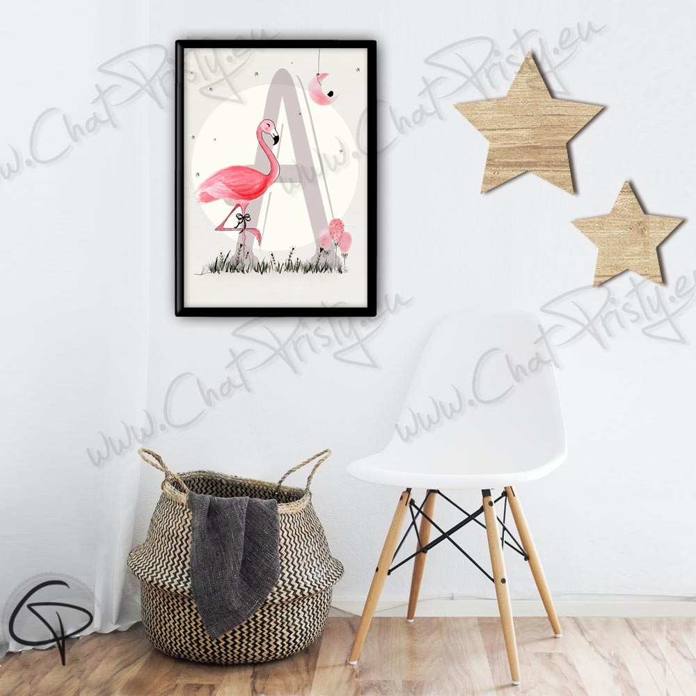 Affiche de naissance flamant rose personnalisée de la première lettre du prénom du bébé