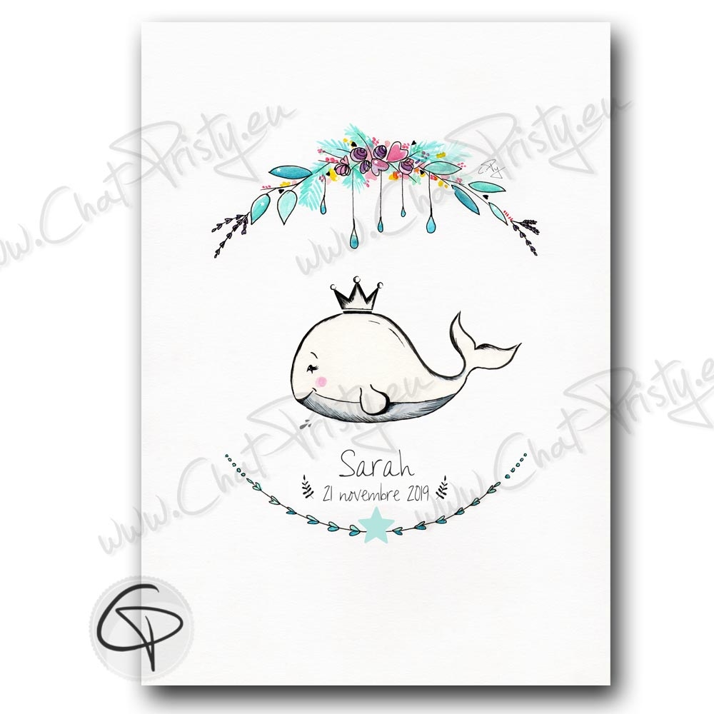 Affiche de naissance personnalisée baleine couronnée aquarelle