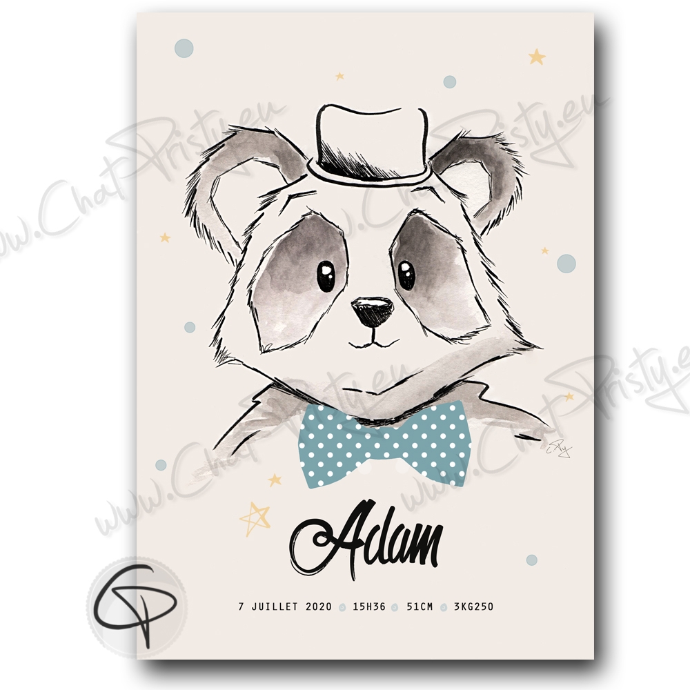 Affiche de naissance panda personnalisable avec prenom bébé