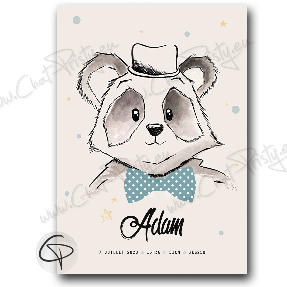 Affiche de naissance panda personnalisable avec prenom bébé