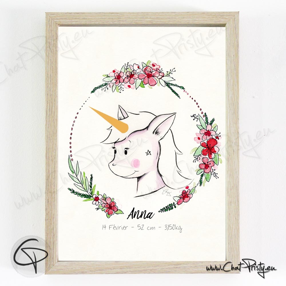 Affiche de naissance personnalisée fille licorne à l'aquarelle