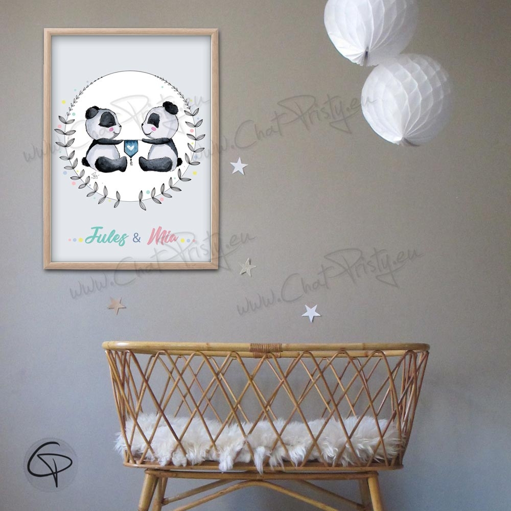 Cadeau de naissance pour jumeaux avec une affiche pandas personnalisables